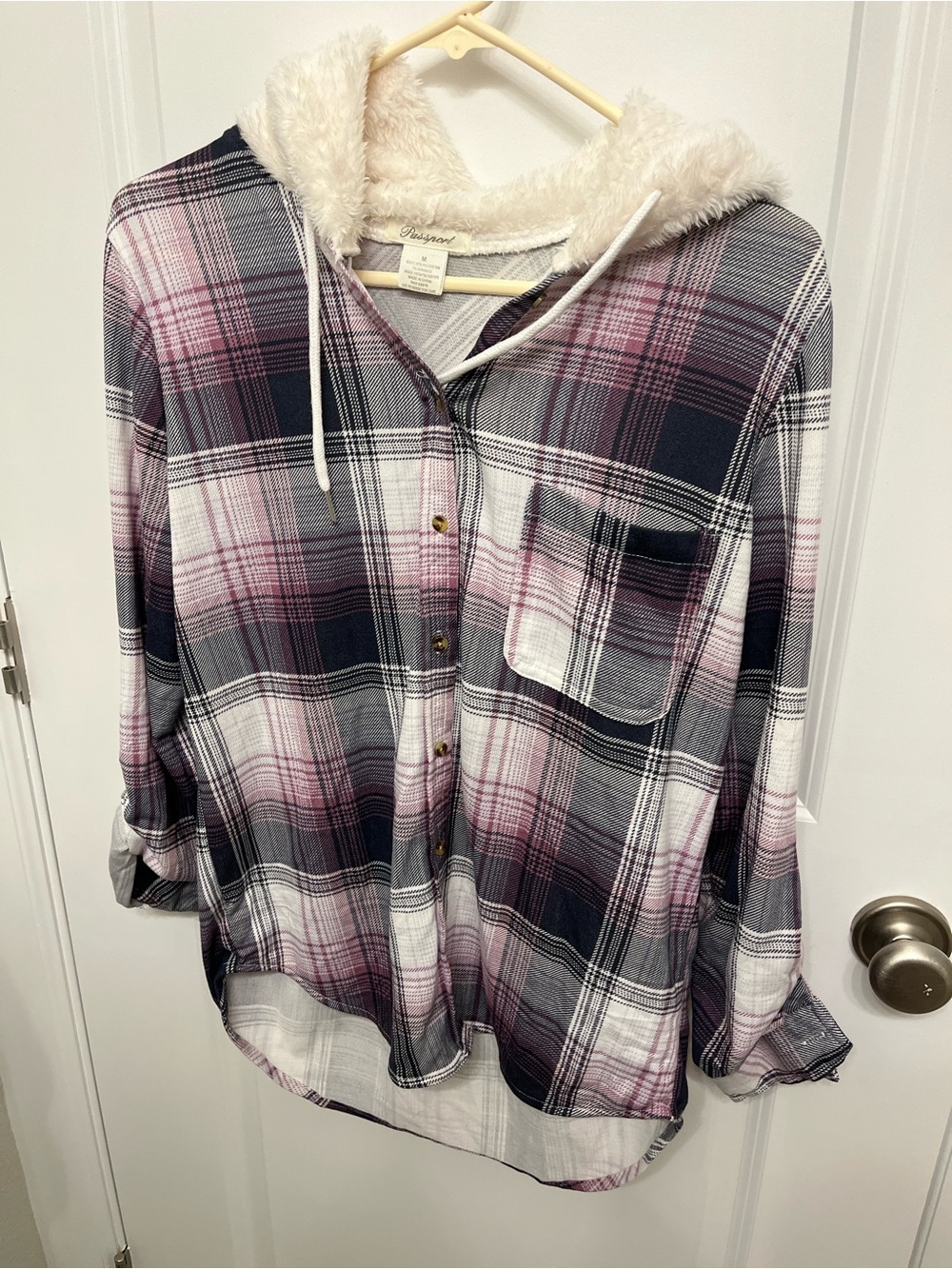 Plaid Button-Down Hooded Shirt with Sherpa Lining - Pink/Gray